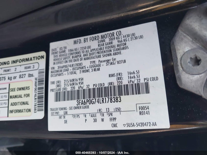 VIN 3FA6P0G74LR178383 2020 FORD FUSION S