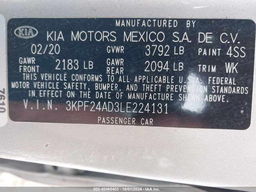 2020 Kia Forte Lxs VIN: 3KPF24AD3LE224131 Lot: 40465403