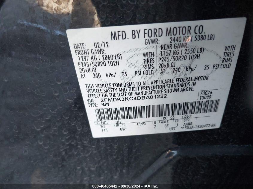 2FMDK3KC4DBA01222 2013 Ford Edge Limited