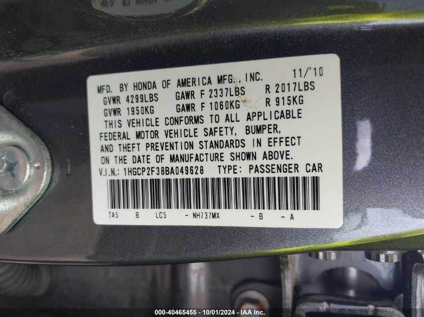 1HGCP2F38BA049628 2011 Honda Accord 2.4 Lx