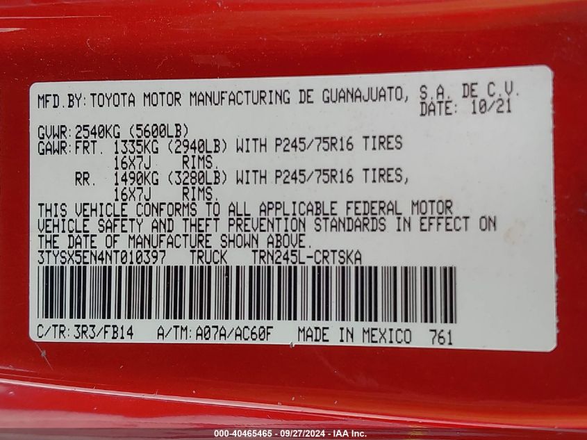 2022 Toyota Tacoma Sr VIN: 3TYSX5EN4NT010397 Lot: 40465465