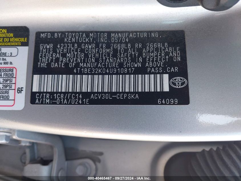 4T1BE32K04U910817 2004 Toyota Camry Se