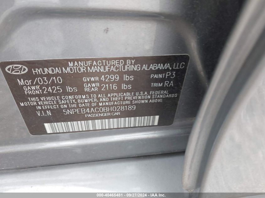 5NPEB4AC0BH028189 2011 Hyundai Sonata Gls