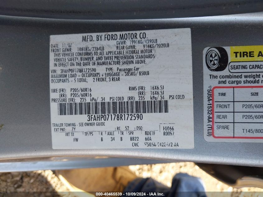 3FAHP07178R172590 2008 Ford Fusion Se