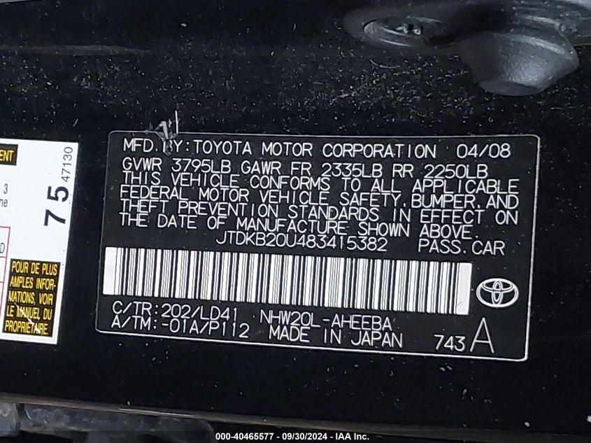 2008 Toyota Prius VIN: JTDKB20U483415382 Lot: 40465577