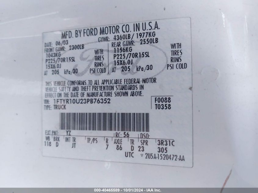 1FTYR10U23PB76352 2003 Ford Ranger Edge/Xl/Xlt