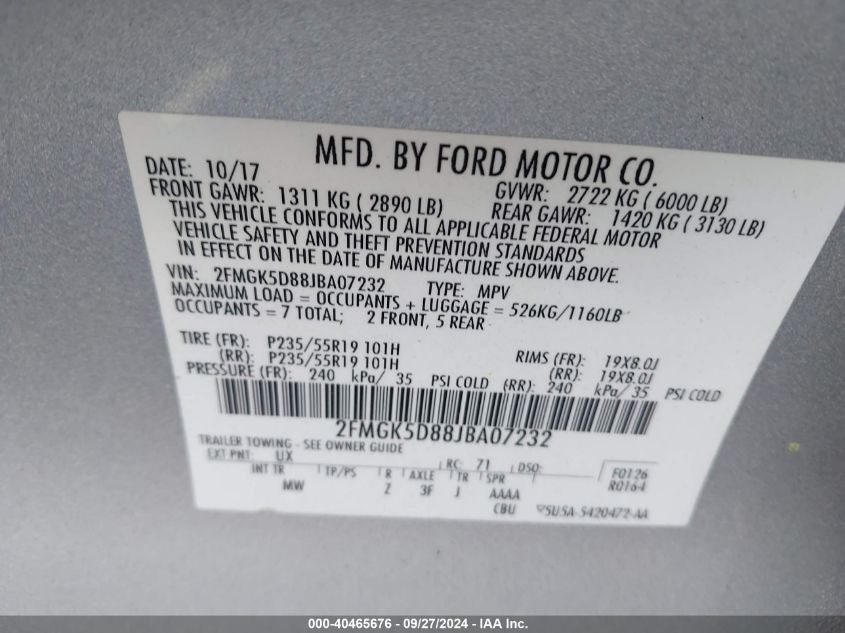 2FMGK5D88JBA07232 2018 Ford Flex Limited