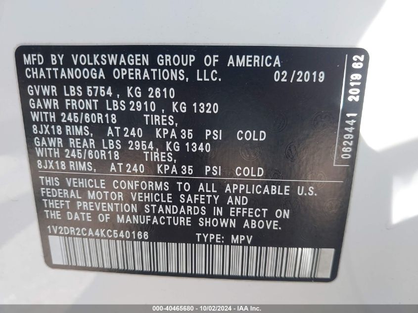 1V2DR2CA4KC540166 2019 Volkswagen Atlas 3.6L V6 Se