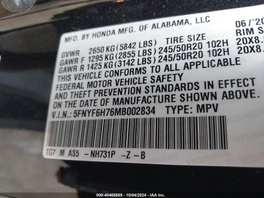 2021 Honda Pilot Awd Black Edition VIN: 5FNYF6H76MB002834 Lot: 40465689