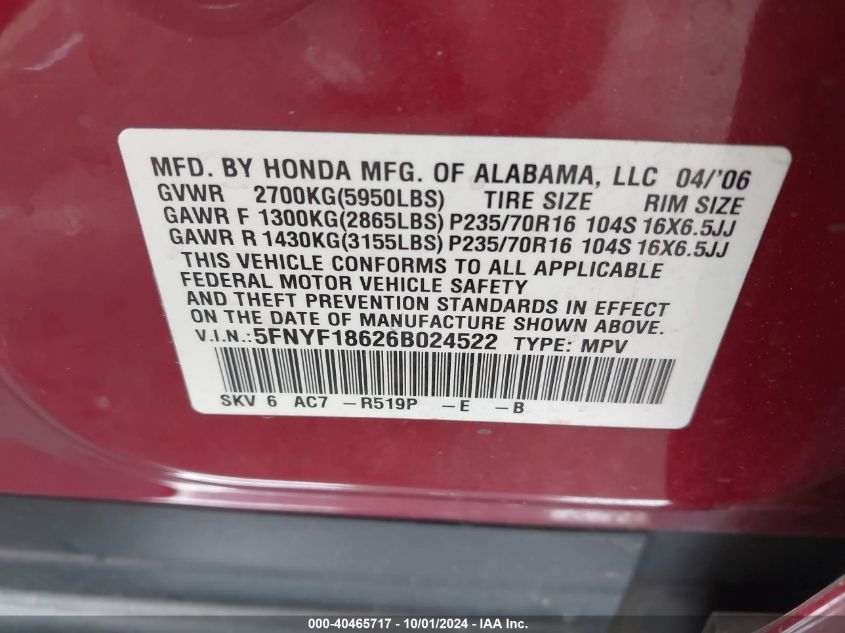 2006 Honda Pilot Ex-L VIN: 5FNYF18626B024522 Lot: 40465717