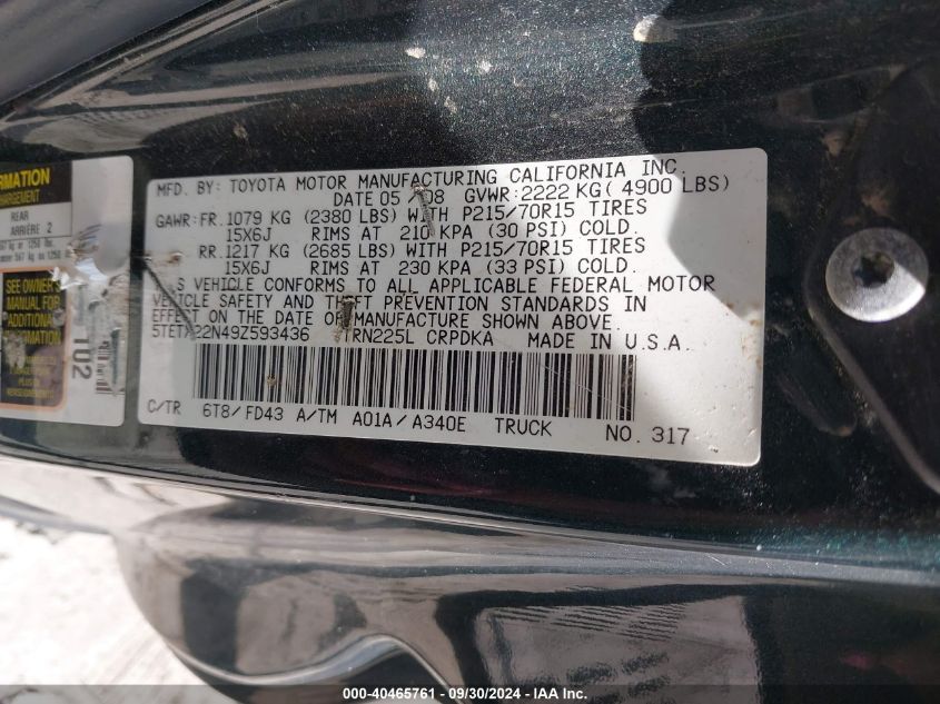 5TETX22N49Z593436 2009 Toyota Tacoma Access Cab