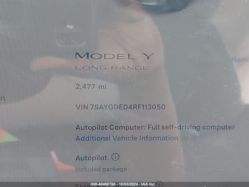 2024 Tesla Model Y Long Range Dual Motor All-Wheel Drive VIN: 7SAYGDED4RF113050 Lot: 40465768