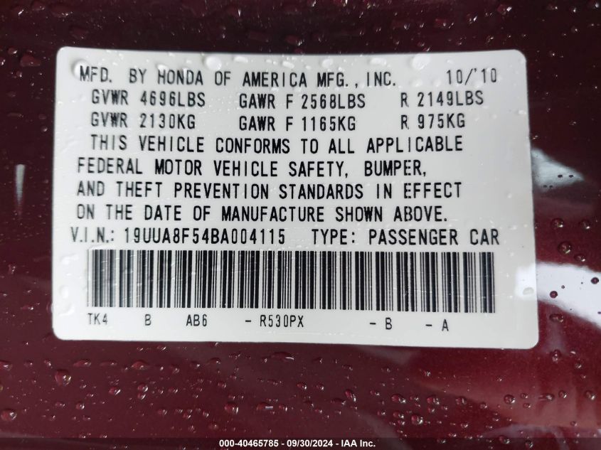 19UUA8F54BA004115 2011 Acura Tl 3.5