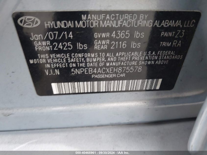 5NPEB4ACXEH875578 2014 Hyundai Sonata Gls