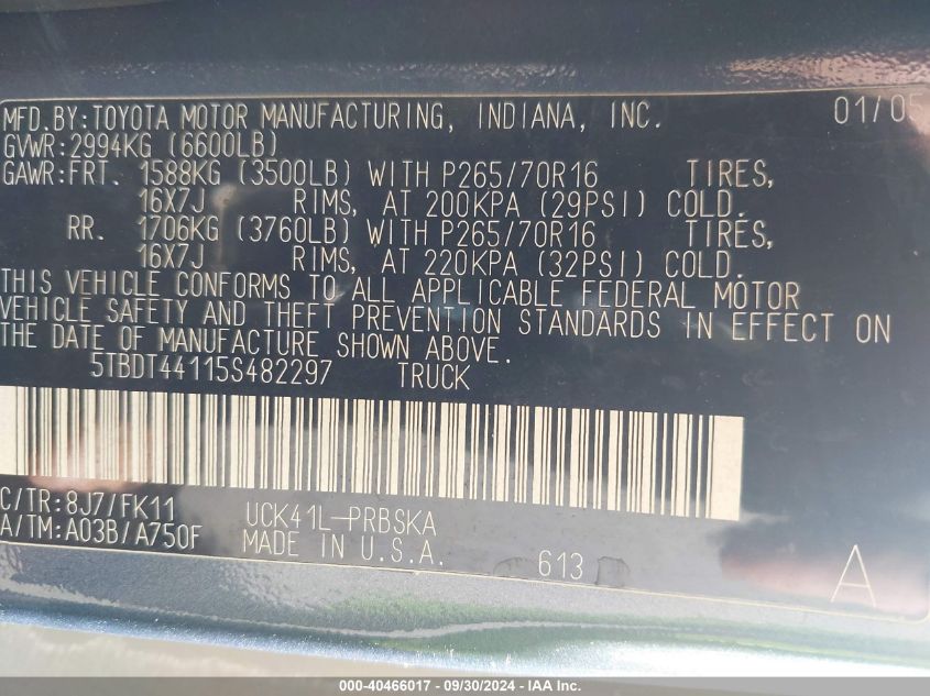 2005 Toyota Tundra Double Cab Sr5 VIN: 5TBDT44115S482297 Lot: 40466017