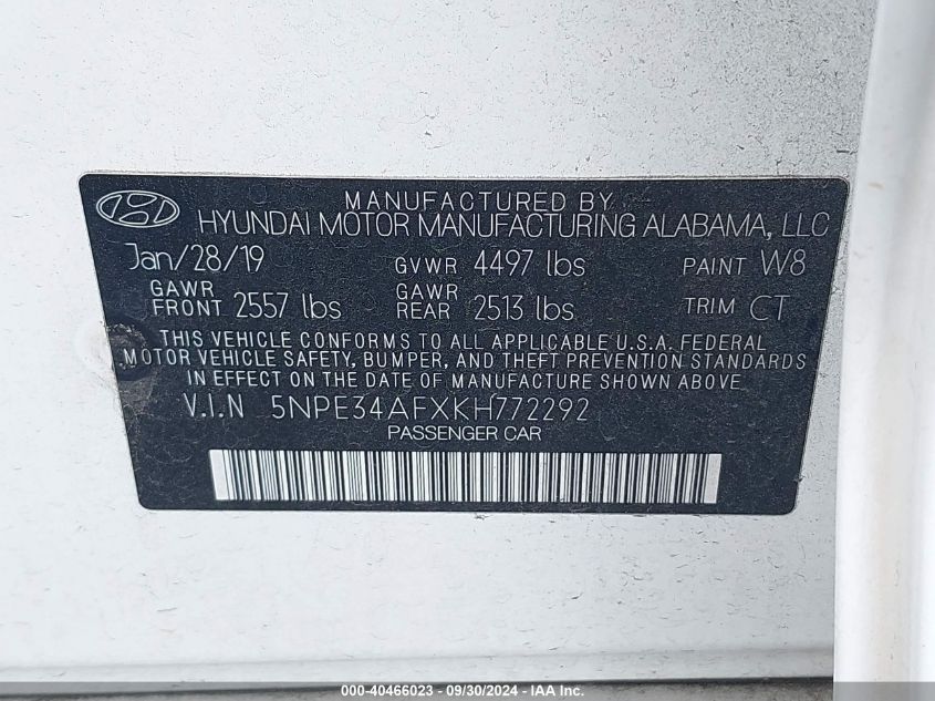 5NPE34AFXKH772292 2019 Hyundai Sonata Sport