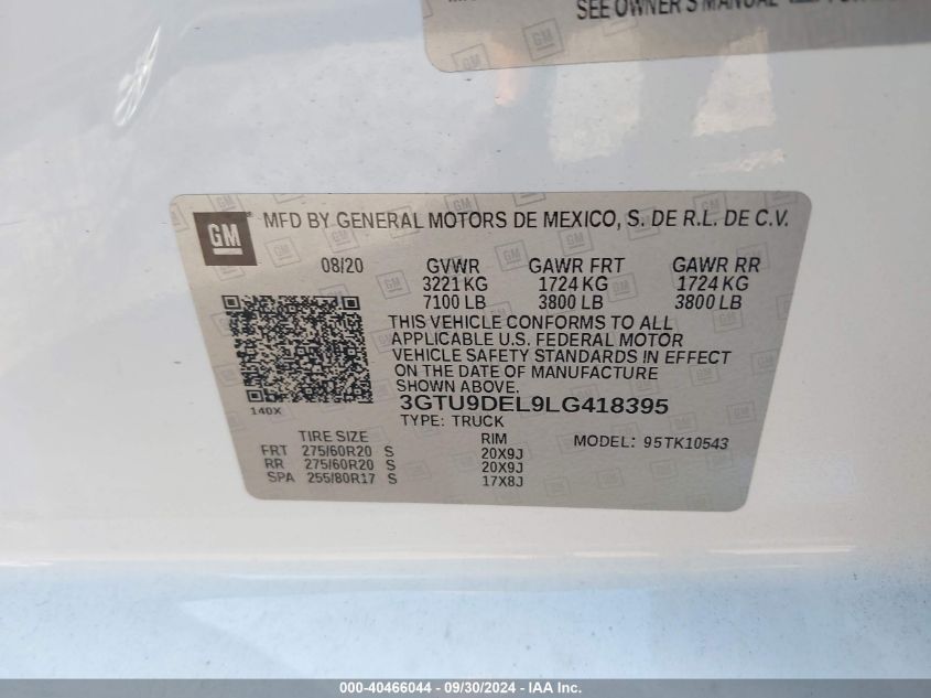 2020 GMC Sierra K1500 Slt VIN: 3GTU9DEL9LG418395 Lot: 40466044