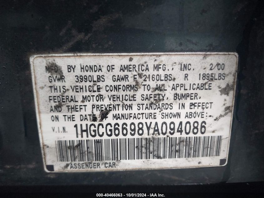 1HGCG6698YA094086 2000 Honda Accord Se