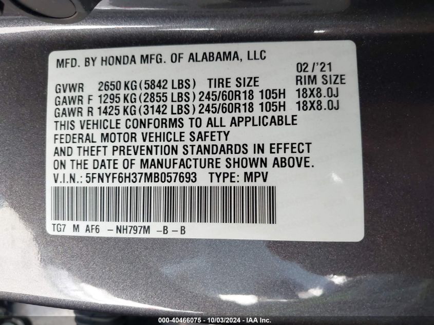 5FNYF6H37MB057693 2021 Honda Pilot Awd Ex