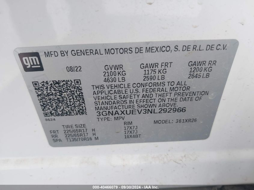 3GNAXUEV3NL292966 2022 Chevrolet Equinox Lt