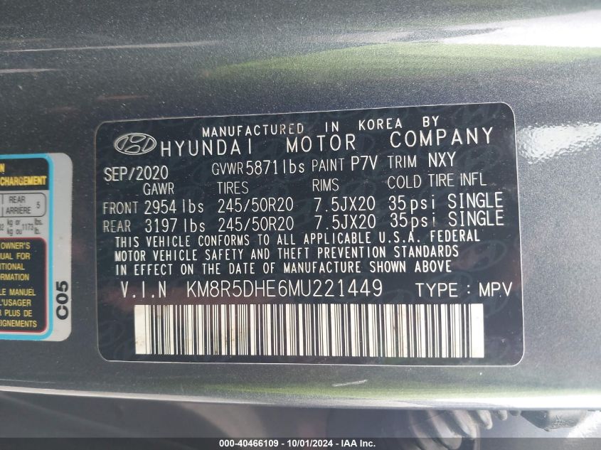 2021 Hyundai Palisade Limited VIN: KM8R5DHE6MU221449 Lot: 40466109