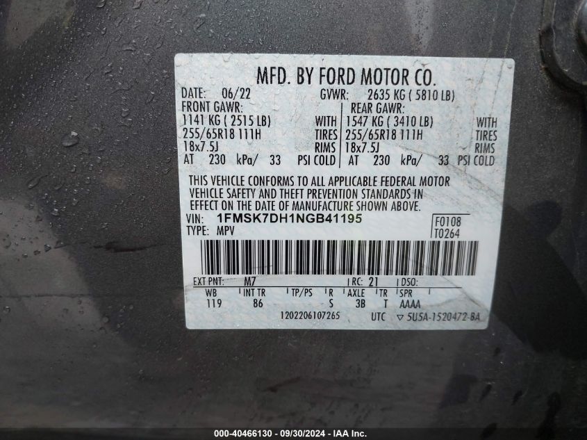 1FMSK7DH1NGB41195 2022 Ford Explorer Xlt