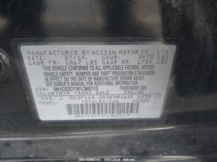 3N1CE2CP3FL365113 2015 Nissan Versa Note Sv