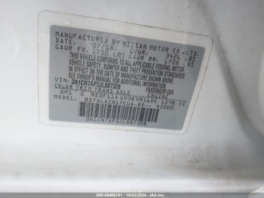 3N1CN7AP3JL887328 2018 Nissan Versa 1.6 S+