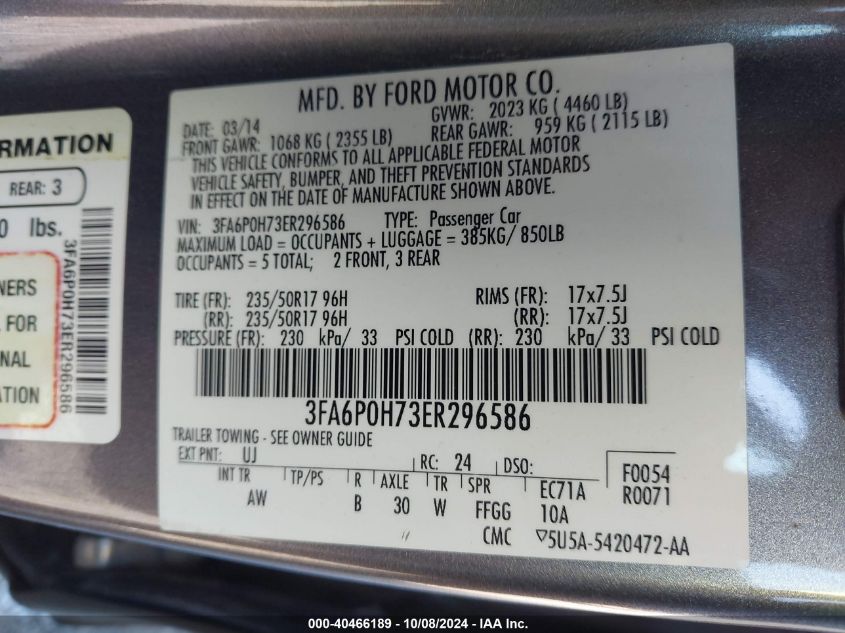 2014 Ford Fusion Se VIN: 3FA6P0H73ER296586 Lot: 40466189