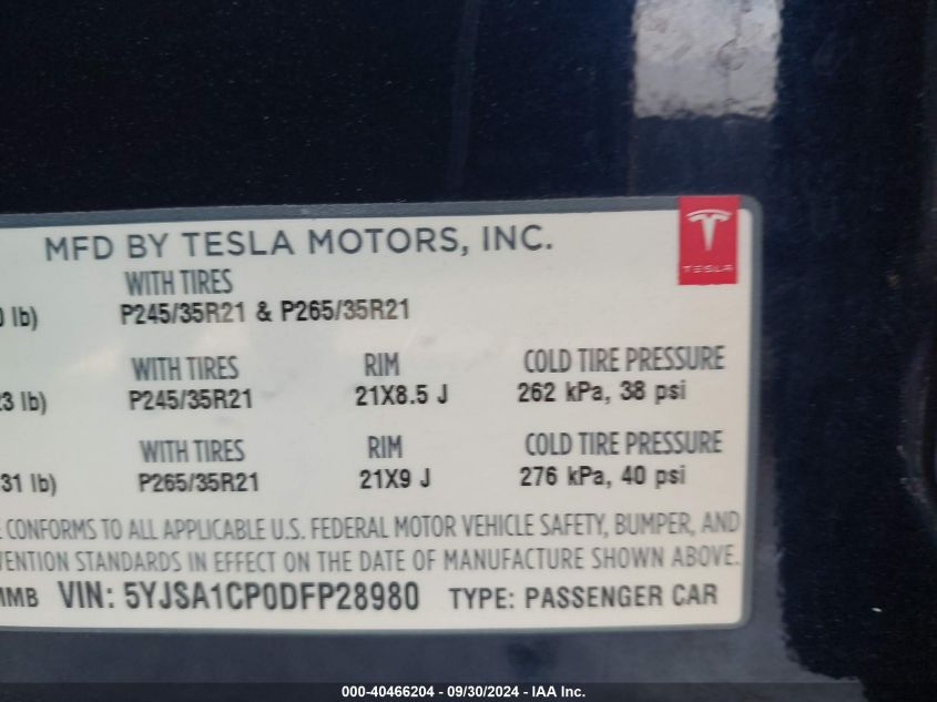 2013 Tesla Model S VIN: 5YJSA1CP0DFP28980 Lot: 40466204