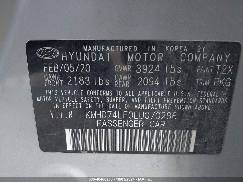 2020 Hyundai Elantra Se VIN: KMHD74LF0LU070286 Lot: 40466208