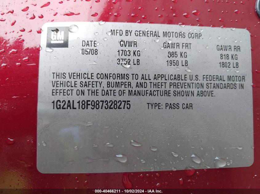 2008 Pontiac G5 VIN: 1G2AL18F987328275 Lot: 40466211