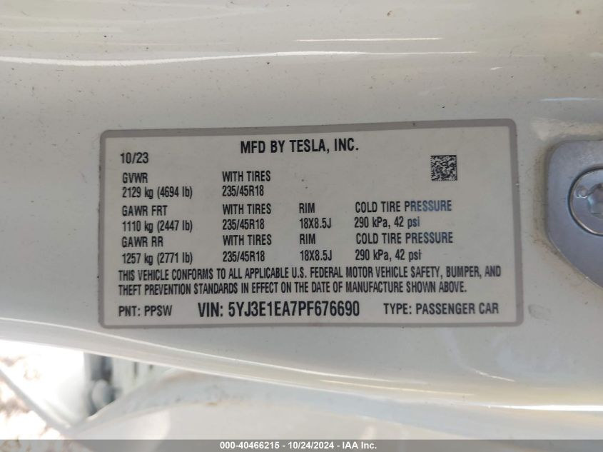 2023 Tesla Model 3 VIN: 5YJ3E1EA7PF676690 Lot: 40466215