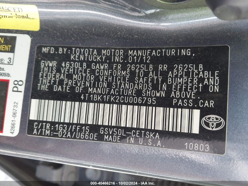 4T1BK1FK2CU006795 2012 Toyota Camry Se V6