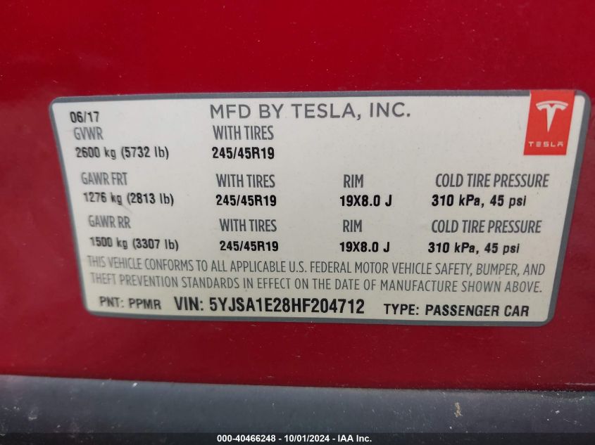 2017 Tesla Model S VIN: 5YJSA1E28HF204712 Lot: 40466248