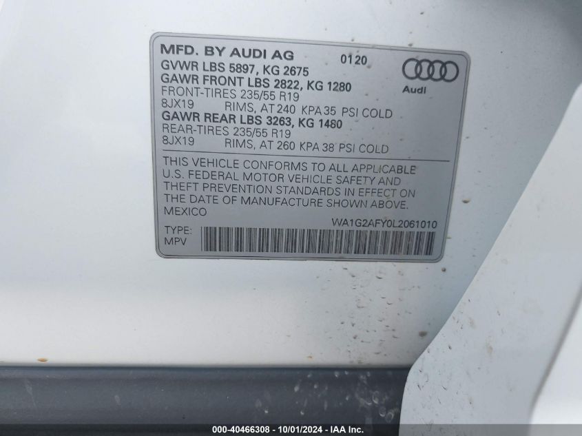 2020 Audi Q5 E Premium VIN: WA1G2AFY0L2061010 Lot: 40466308