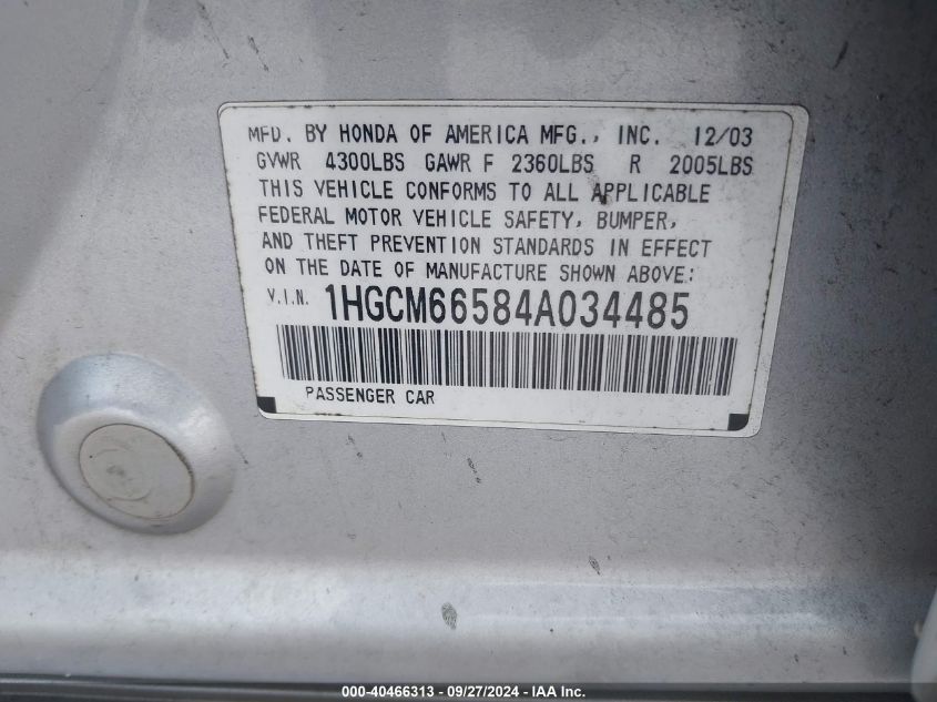 1HGCM66584A034485 2004 Honda Accord 3.0 Ex