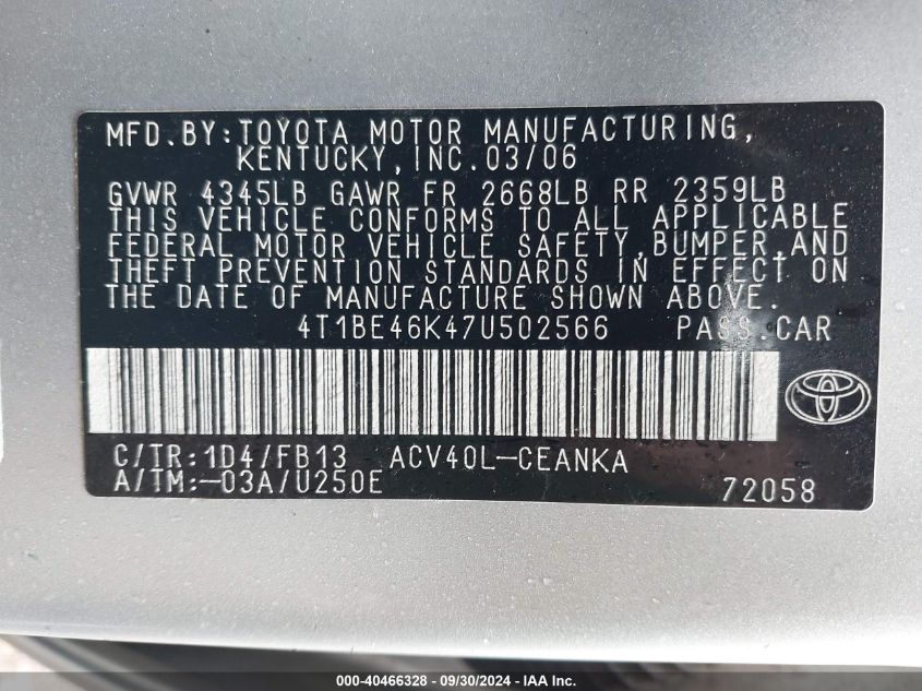 4T1BE46K47U502566 2007 Toyota Camry Ce/Le/Xle/Se