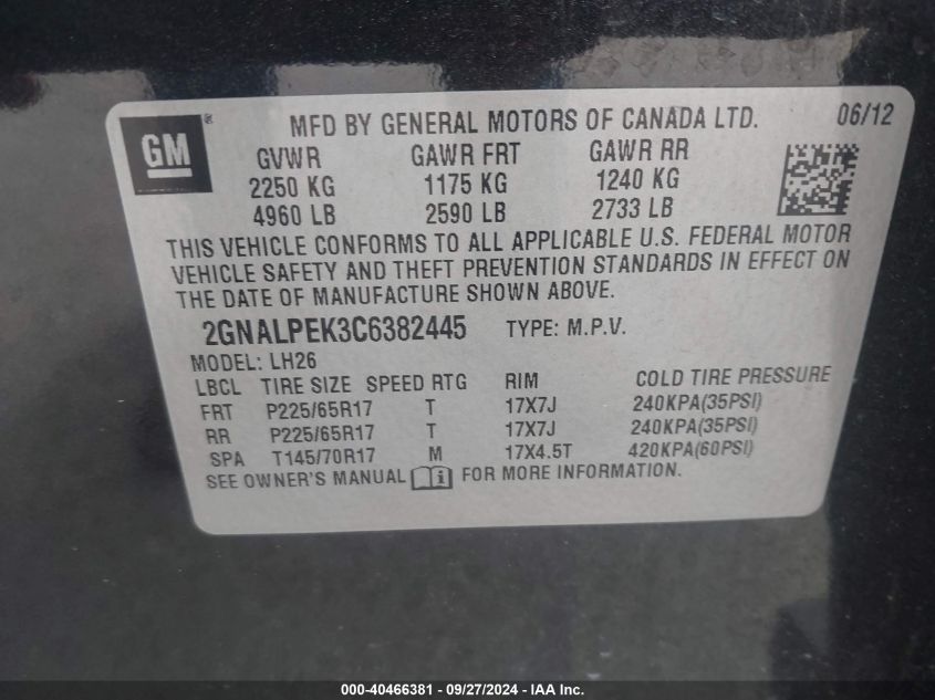 2GNALPEK3C6382445 2012 Chevrolet Equinox 2Lt