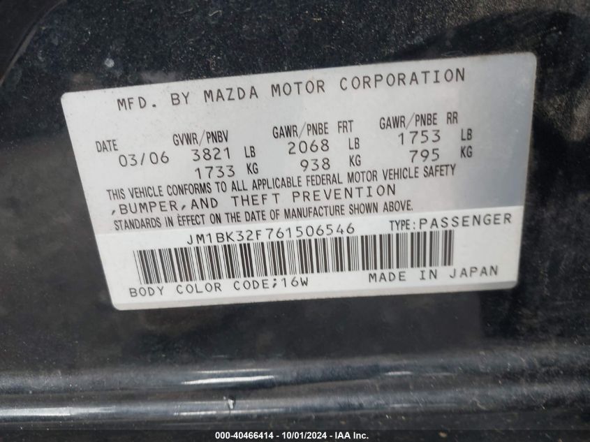 2006 Mazda Mazda3 I VIN: JM1BK32F761506546 Lot: 40466414