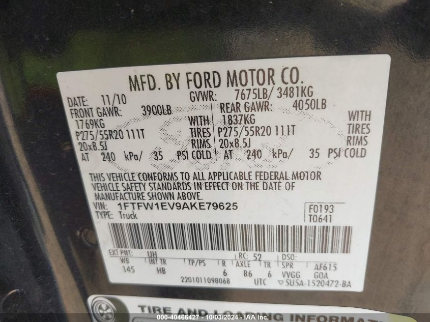 2010 Ford F-150 Fx4/Harley-Davidson/King Ranch/Lariat/Platinum/Xl/Xlt VIN: 1FTFW1EV9AKE79625 Lot: 40466427