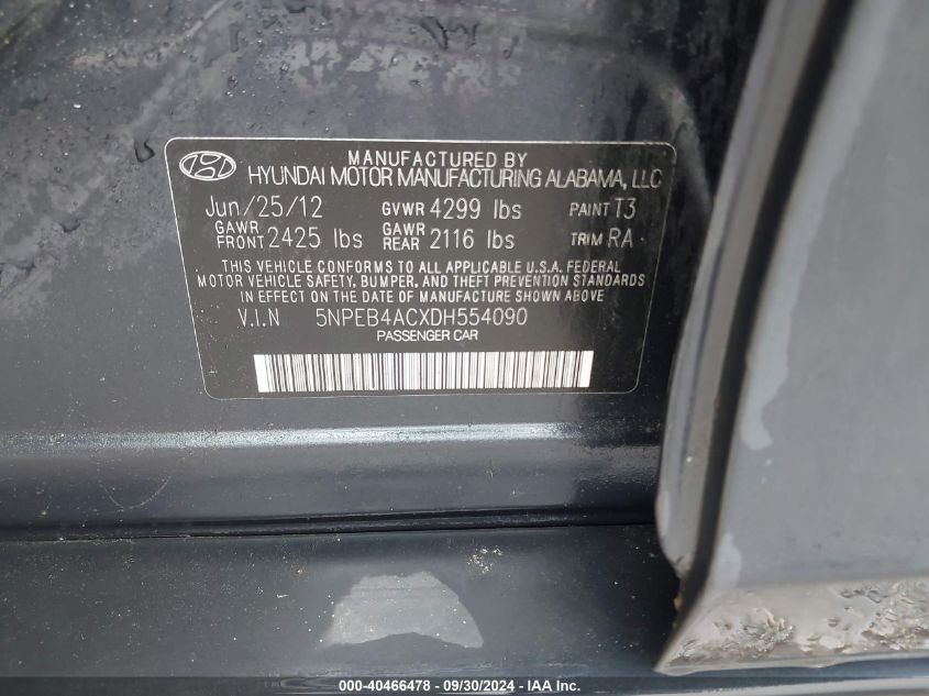 5NPEB4ACXDH554090 2013 Hyundai Sonata Gls