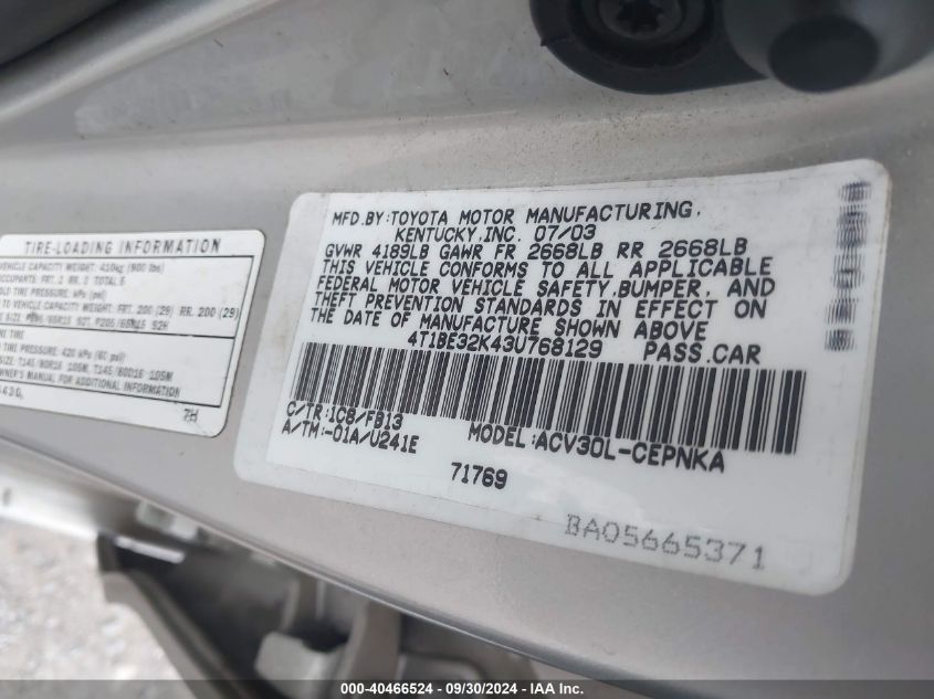 4T1BE32K43U768129 2003 Toyota Camry Le/Xle/Se