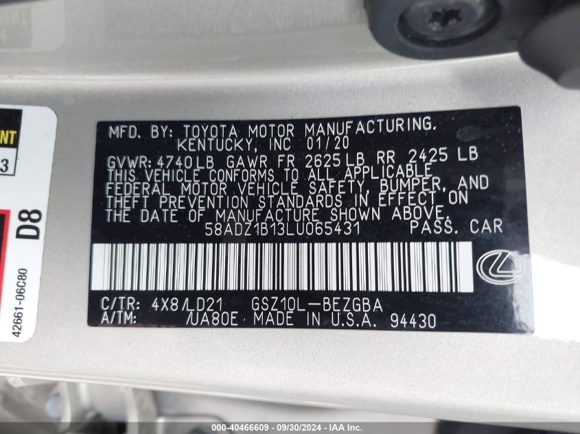 58ADZ1B13LU065431 2020 Lexus Es 350