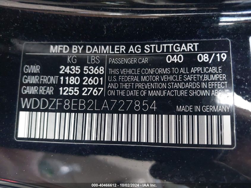 WDDZF8EB2LA727854 2020 Mercedes-Benz E 350 4Matic