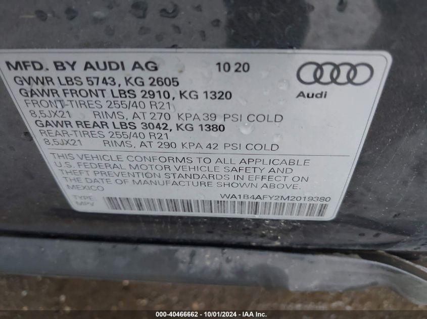 WA1B4AFY2M2019380 2021 Audi Sq5 Premium Plus