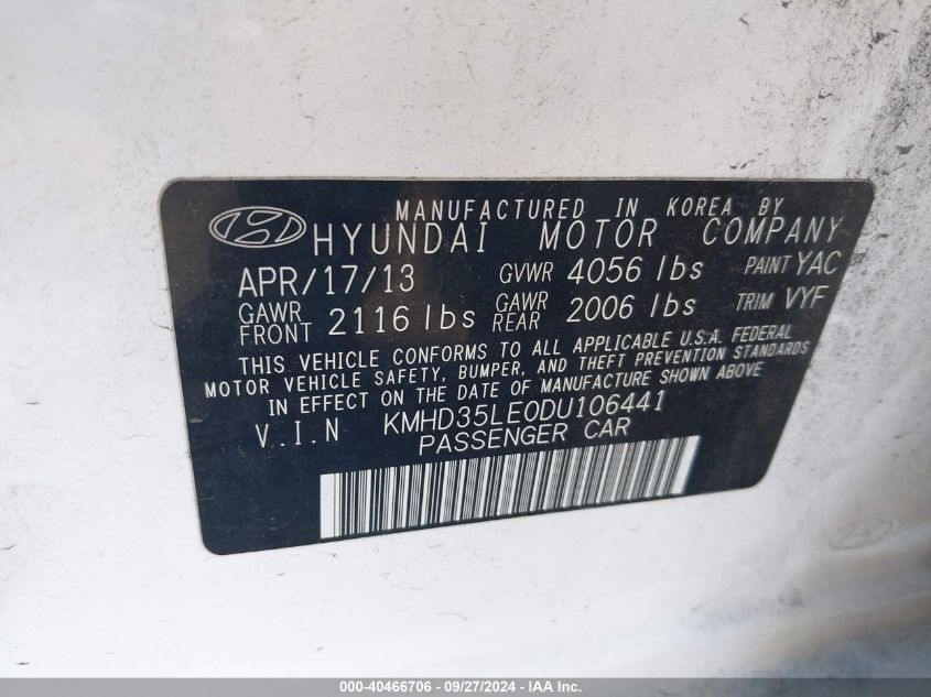 2013 Hyundai Elantra Gt VIN: KMHD35LE0DU106441 Lot: 40466706