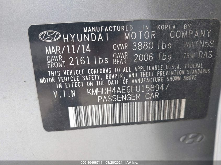 2014 Hyundai Elantra Se VIN: KMHDH4AE6EU158947 Lot: 40466711