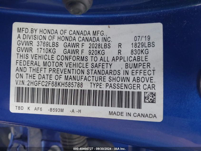 2HGFC2F68KH585788 2019 Honda Civic Lx