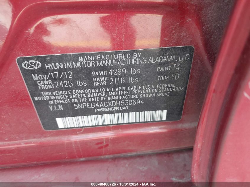 5NPEB4ACXDH530694 2013 Hyundai Sonata Gls